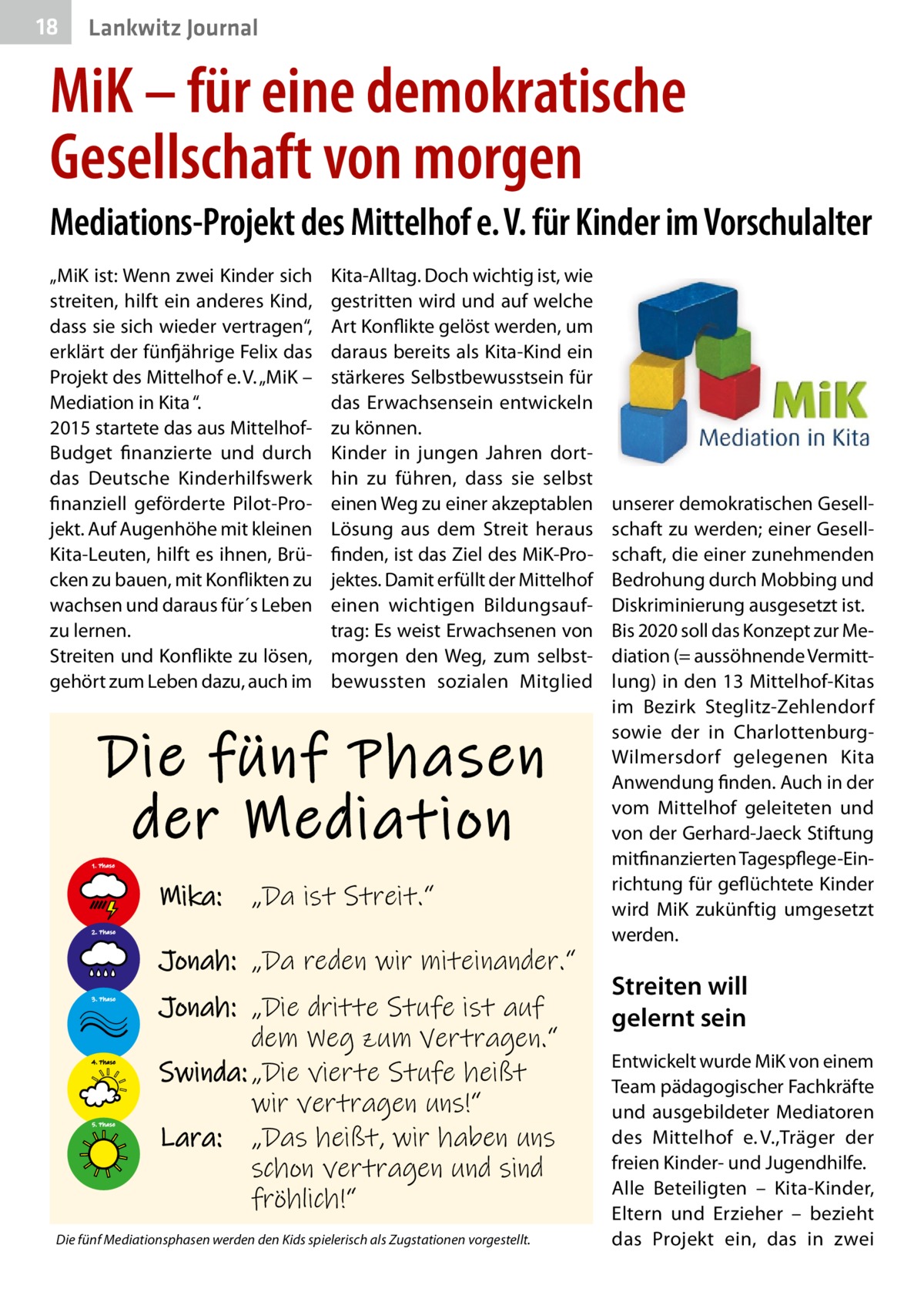 18  Lankwitz Journal  MiK – für eine demokratische Gesellschaft von morgen Mediations-Projekt des Mittelhof e. V. für Kinder im Vorschulalter „MiK ist: Wenn zwei Kinder sich streiten, hilft ein anderes Kind, dass sie sich wieder vertragen“, erklärt der fünfjährige Felix das Projekt des Mittelhof e. V. „MiK – Mediation in Kita “. 2015 startete das aus MittelhofBudget finanzierte und durch das Deutsche Kinderhilfswerk finanziell geförderte Pilot-Projekt. Auf Augenhöhe mit kleinen Kita-Leuten, hilft es ihnen, Brücken zu bauen, mit Konflikten zu wachsen und daraus für´s Leben zu lernen. Streiten und Konflikte zu lösen, gehört zum Leben dazu, auch im  Kita-Alltag. Doch wichtig ist, wie gestritten wird und auf welche Art Konflikte gelöst werden, um daraus bereits als Kita-Kind ein stärkeres Selbstbewusstsein für das Erwachsensein entwickeln zu können. Kinder in jungen Jahren dorthin zu führen, dass sie selbst einen Weg zu einer akzeptablen Lösung aus dem Streit heraus finden, ist das Ziel des MiK-Projektes. Damit erfüllt der Mittelhof einen wichtigen Bildungsauftrag: Es weist Erwachsenen von morgen den Weg, zum selbstbewussten sozialen Mitglied  Die fünf Phasen der Mediation 1. Phase  Mika:  „Da ist Streit.“  2. Phase  Jonah: „Da reden wir miteinander.“ 3. Phase  4. Phase  5. Phase  Jonah: „Die dritte Stufe ist auf dem Weg zum Vertragen.“ Swinda: „Die vierte Stufe heißt wir vertragen uns!“ Lara: „Das heißt, wir haben uns schon vertragen und sind fröhlich!“  Die fünf Mediationsphasen werden den Kids spielerisch als Zugstationen vorgestellt.  unserer demokratischen Gesellschaft zu werden; einer Gesellschaft, die einer zunehmenden Bedrohung durch Mobbing und Diskriminierung ausgesetzt ist. Bis 2020 soll das Konzept zur Mediation (= aussöhnende Vermittlung) in den 13 Mittelhof-Kitas im Bezirk Steglitz-Zehlendorf sowie der in CharlottenburgWilmersdorf gelegenen Kita Anwendung finden. Auch in der vom Mittelhof geleiteten und von der Gerhard-Jaeck Stiftung mitfinanzierten Tagespflege-Einrichtung für geflüchtete Kinder wird MiK zukünftig umgesetzt werden.  Streiten will gelernt sein Entwickelt wurde MiK von einem Team pädagogischer Fachkräfte und ausgebildeter Mediatoren des Mittelhof e. V.,Träger der freien Kinder- und Jugendhilfe. Alle Beteiligten – Kita-Kinder, Eltern und Erzieher – bezieht das Projekt ein, das in zwei