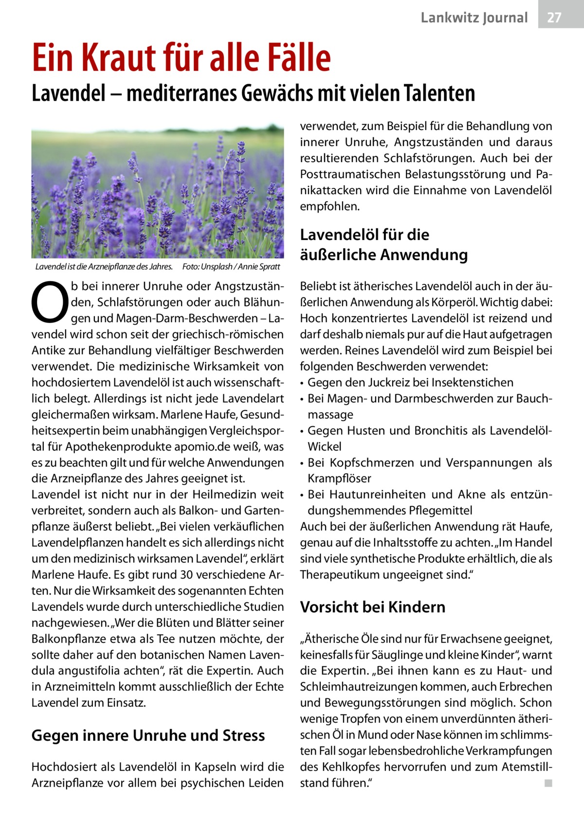 Lankwitz Journal  27  Ein Kraut für alle Fälle  Lavendel – mediterranes Gewächs mit vielen Talenten verwendet, zum Beispiel für die Behandlung von innerer Unruhe, Angstzuständen und daraus resultierenden Schlafstörungen. Auch bei der Posttraumatischen Belastungsstörung und Panikattacken wird die Einnahme von Lavendelöl empfohlen.  Lavendel ist die Arzneipflanze des Jahres. � Foto: Unsplash / Annie Spratt  O  b bei innerer Unruhe oder Angstzuständen, Schlafstörungen oder auch Blähungen und Magen-Darm-Beschwerden – Lavendel wird schon seit der griechisch-römischen Antike zur Behandlung vielfältiger Beschwerden verwendet. Die medizinische Wirksamkeit von hochdosiertem Lavendelöl ist auch wissenschaftlich belegt. Allerdings ist nicht jede Lavendelart gleichermaßen wirksam. Marlene Haufe, Gesundheitsexpertin beim unabhängigen Vergleichsportal für Apothekenprodukte apomio.de weiß, was es zu beachten gilt und für welche Anwendungen die Arzneipflanze des Jahres geeignet ist. Lavendel ist nicht nur in der Heilmedizin weit verbreitet, sondern auch als Balkon- und Gartenpflanze äußerst beliebt. „Bei vielen verkäuflichen Lavendelpflanzen handelt es sich allerdings nicht um den medizinisch wirksamen Lavendel“, erklärt Marlene Haufe. Es gibt rund 30 verschiedene Arten. Nur die Wirksamkeit des sogenannten Echten Lavendels wurde durch unterschiedliche Studien nachgewiesen. „Wer die Blüten und Blätter seiner Balkonpflanze etwa als Tee nutzen möchte, der sollte daher auf den botanischen Namen Lavendula angustifolia achten“, rät die Expertin. Auch in Arzneimitteln kommt ausschließlich der Echte Lavendel zum Einsatz.  Gegen innere Unruhe und Stress Hochdosiert als Lavendelöl in Kapseln wird die Arzneipflanze vor allem bei psychischen Leiden  Lavendelöl für die äußerliche Anwendung Beliebt ist ätherisches Lavendelöl auch in der äußerlichen Anwendung als Körperöl. Wichtig dabei: Hoch konzentriertes Lavendelöl ist reizend und darf deshalb niemals pur auf die Haut aufgetragen werden. Reines Lavendelöl wird zum Beispiel bei folgenden Beschwerden verwendet: •	 Gegen den Juckreiz bei Insektenstichen •	 Bei Magen- und Darmbeschwerden zur Bauchmassage •	 Gegen Husten und Bronchitis als LavendelölWickel •	 Bei Kopfschmerzen und Verspannungen als Krampflöser •	 Bei Hautunreinheiten und Akne als entzündungshemmendes Pflegemittel Auch bei der äußerlichen Anwendung rät Haufe, genau auf die Inhaltsstoffe zu achten. „Im Handel sind viele synthetische Produkte erhältlich, die als Therapeutikum ungeeignet sind.“  Vorsicht bei Kindern „Ätherische Öle sind nur für Erwachsene geeignet, keinesfalls für Säuglinge und kleine Kinder“, warnt die Expertin. „Bei ihnen kann es zu Haut- und Schleimhautreizungen kommen, auch Erbrechen und Bewegungsstörungen sind möglich. Schon wenige Tropfen von einem unverdünnten ätherischen Öl in Mund oder Nase können im schlimmsten Fall sogar lebensbedrohliche Verkrampfungen des Kehlkopfes hervorrufen und zum Atemstillstand führen.“� ◾