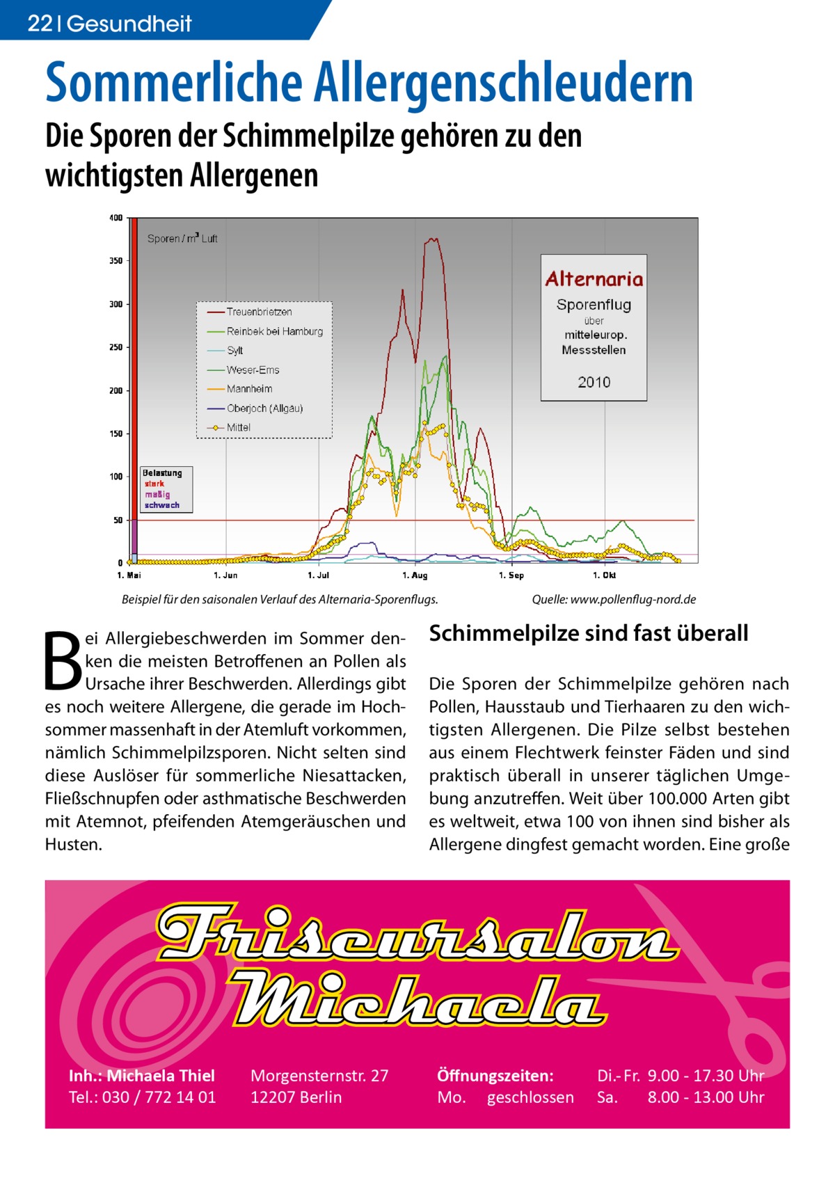 22 Gesundheit  Sommerliche Allergenschleudern Die Sporen der Schimmelpilze gehören zu den wichtigsten Allergenen  Beispiel für den saisonalen Verlauf des Alternaria-Sporenflugs.  B  ei Allergiebeschwerden im Sommer denken die meisten Betroffenen an Pollen als Ursache ihrer Beschwerden. Allerdings gibt es noch weitere Allergene, die gerade im Hochsommer massenhaft in der Atemluft vorkommen, nämlich Schimmelpilzsporen. Nicht selten sind diese Auslöser für sommerliche Niesattacken, Fließschnupfen oder asthmatische Beschwerden mit Atemnot, pfeifenden Atemgeräuschen und Husten.  Inh.: Michaela Thiel Tel.: 030 / 772 14 01  Morgensternstr. 27 12207 Berlin  Quelle: www.pollenflug-nord.de  Schimmelpilze sind fast überall Die Sporen der Schimmelpilze gehören nach Pollen, Hausstaub und Tierhaaren zu den wichtigsten Allergenen. Die Pilze selbst bestehen aus einem Flechtwerk feinster Fäden und sind praktisch überall in unserer täglichen Umgebung anzutreffen. Weit über 100.000 Arten gibt es weltweit, etwa 100 von ihnen sind bisher als Allergene dingfest gemacht worden. Eine große  Öﬀnungszeiten: Mo. geschlossen  Di.- Fr. 9.00 - 17.30 Uhr Sa. 8.00 - 13.00 Uhr