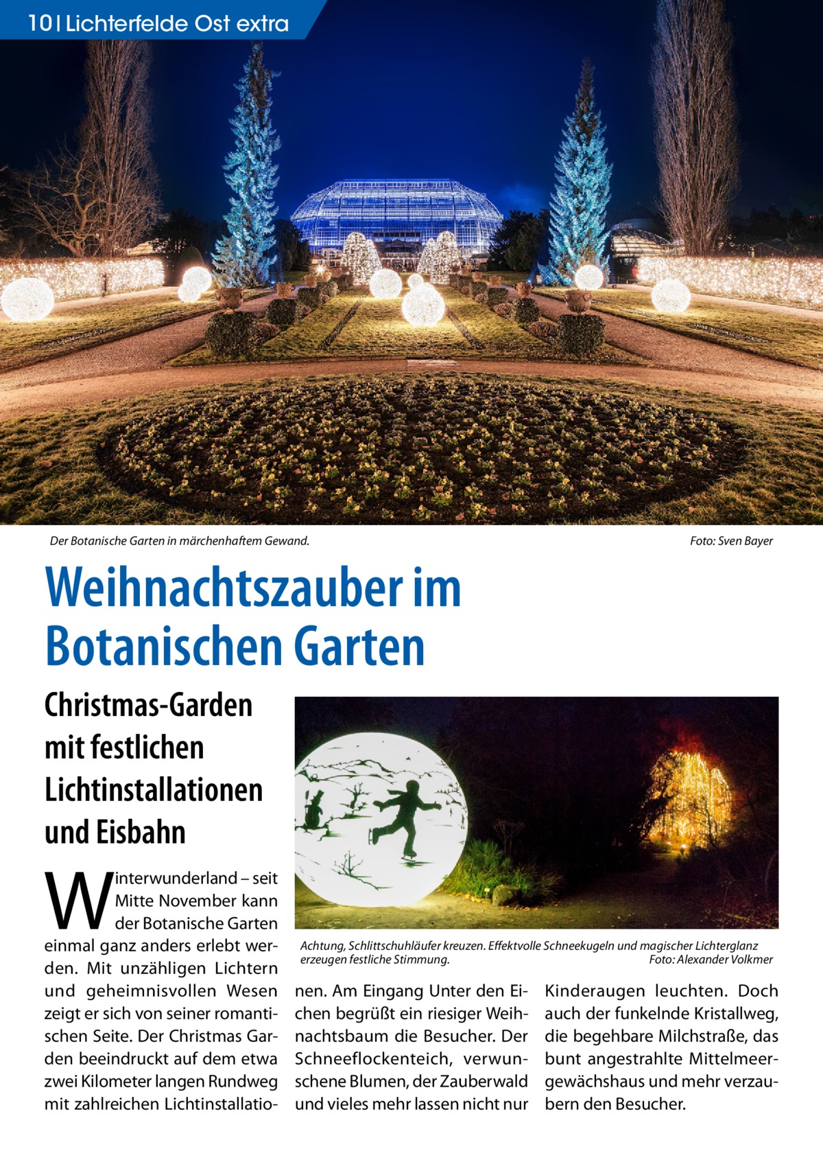 10 Lichterfelde Ost extra  Der Botanische Garten in märchenhaftem Gewand. �  Foto: Sven Bayer  Weihnachtszauber im Botanischen Garten Christmas-Garden mit festlichen Lichtinstallationen und Eisbahn  W  interwunderland – seit Mitte November kann der Botanische Garten einmal ganz anders erlebt werden. Mit unzähligen Lichtern und geheimnisvollen Wesen zeigt er sich von seiner romantischen Seite. Der Christmas Garden beeindruckt auf dem etwa zwei Kilometer langen Rundweg mit zahlreichen Lichtinstallatio Achtung, Schlittschuhläufer kreuzen. Effektvolle Schneekugeln und magischer Lichterglanz erzeugen festliche Stimmung.� Foto: Alexander Volkmer  nen. Am Eingang Unter den Eichen begrüßt ein riesiger Weihnachtsbaum die Besucher. Der Schneeflockenteich, verwunschene Blumen, der Zauberwald und vieles mehr lassen nicht nur  Kinderaugen leuchten. Doch auch der funkelnde Kristallweg, die begehbare Milchstraße, das bunt angestrahlte Mittelmeergewächshaus und mehr verzaubern den Besucher.