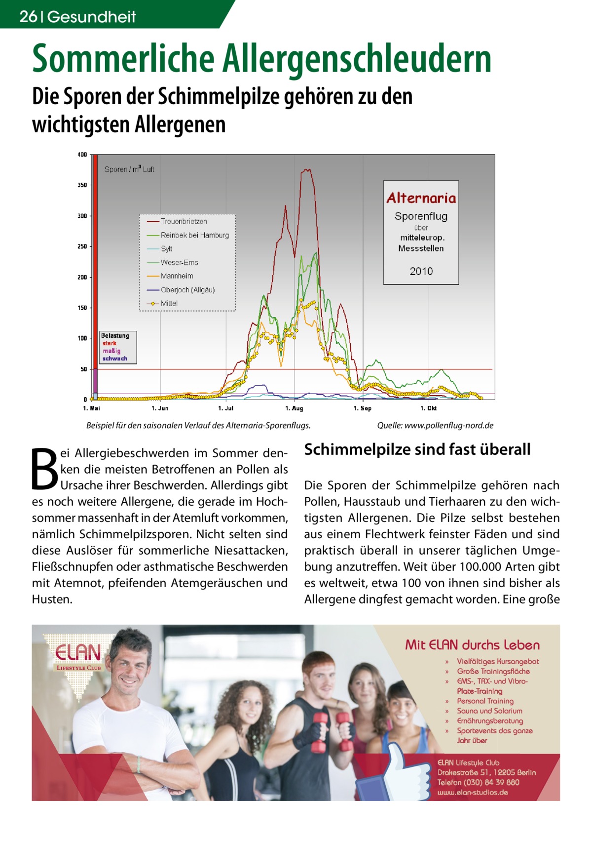 26 Gesundheit  Sommerliche Allergenschleudern Die Sporen der Schimmelpilze gehören zu den wichtigsten Allergenen  Beispiel für den saisonalen Verlauf des Alternaria-Sporenflugs.  B  ei Allergiebeschwerden im Sommer denken die meisten Betroffenen an Pollen als Ursache ihrer Beschwerden. Allerdings gibt es noch weitere Allergene, die gerade im Hochsommer massenhaft in der Atemluft vorkommen, nämlich Schimmelpilzsporen. Nicht selten sind diese Auslöser für sommerliche Niesattacken, Fließschnupfen oder asthmatische Beschwerden mit Atemnot, pfeifenden Atemgeräuschen und Husten.  Quelle: www.pollenflug-nord.de  Schimmelpilze sind fast überall Die Sporen der Schimmelpilze gehören nach Pollen, Hausstaub und Tierhaaren zu den wichtigsten Allergenen. Die Pilze selbst bestehen aus einem Flechtwerk feinster Fäden und sind praktisch überall in unserer täglichen Umgebung anzutreffen. Weit über 100.000 Arten gibt es weltweit, etwa 100 von ihnen sind bisher als Allergene dingfest gemacht worden. Eine große