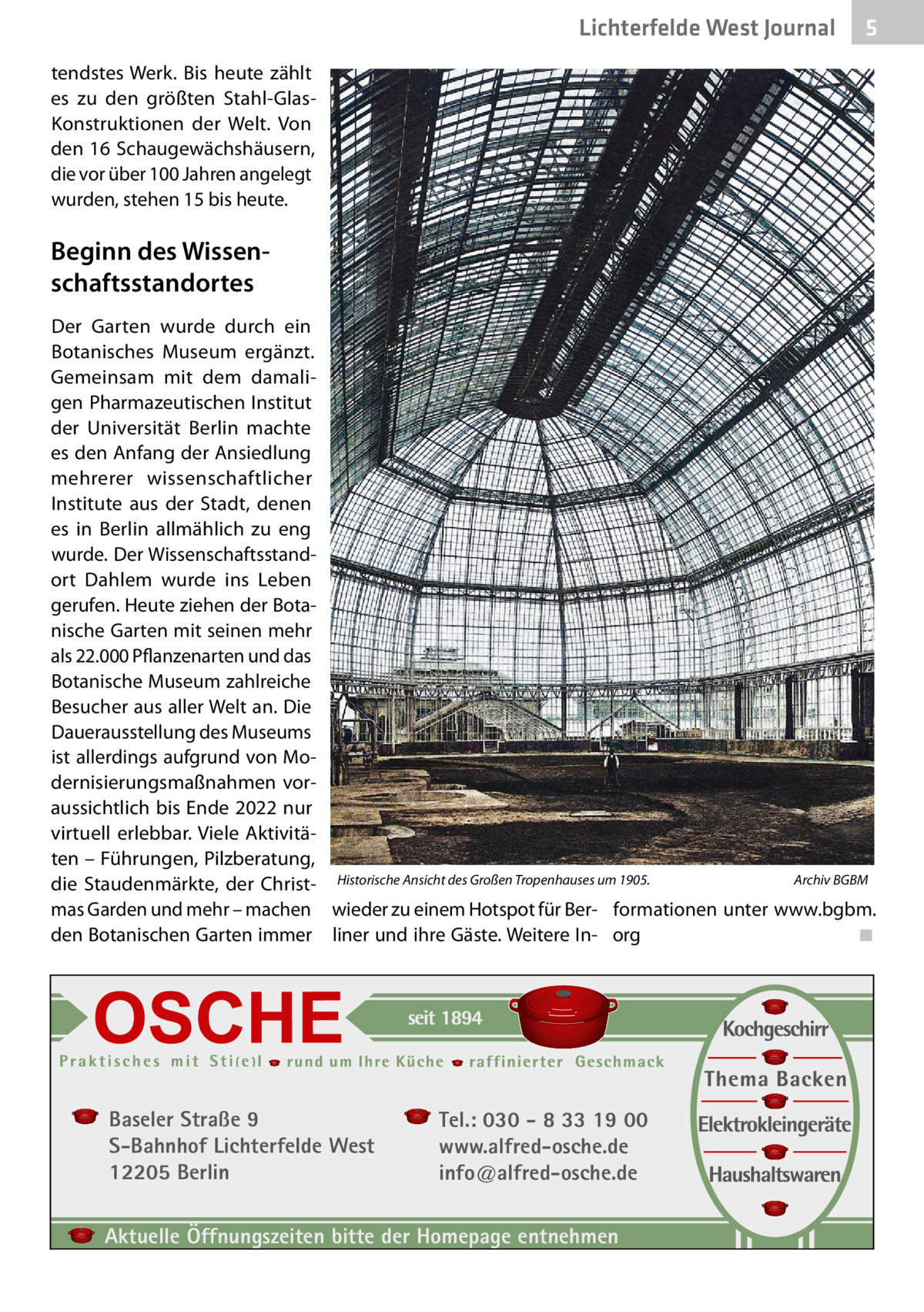 Lichterfelde West Journal  5  tendstes Werk. Bis heute zählt es zu den größten Stahl-GlasKonstruktionen der Welt. Von den 16 Schaugewächshäusern, die vor über 100 Jahren angelegt wurden, stehen 15 bis heute.  Beginn des Wissen­ schaftsstandortes Der Garten wurde durch ein Botanisches Museum ergänzt. Gemeinsam mit dem damaligen Pharmazeutischen Institut der Universität Berlin machte es den Anfang der Ansiedlung mehrerer wissenschaftlicher Institute aus der Stadt, denen es in Berlin allmählich zu eng wurde. Der Wissenschaftsstandort Dahlem wurde ins Leben gerufen. Heute ziehen der Botanische Garten mit seinen mehr als 22.000 Pflanzenarten und das Botanische Museum zahlreiche Besucher aus aller Welt an. Die Dauerausstellung des Museums ist allerdings aufgrund von Modernisierungsmaßnahmen voraussichtlich bis Ende 2022 nur virtuell erlebbar. Viele Aktivitäten – Führungen, Pilzberatung, Archiv BGBM die Staudenmärkte, der Christ- Historische Ansicht des Großen Tropenhauses um 1905. � mas Garden und mehr – machen wieder zu einem Hotspot für Ber- formationen unter www.bgbm. den Botanischen Garten immer liner und ihre Gäste. Weitere In- org � ◾  Baseler Straße 9 S-Bahnhof Lichterfelde West 12205 Berlin  Tel.: 030 - 8 33 19 00 www.alfred-osche.de info@alfred-osche.de  Aktuelle Öffnungszeiten bitte der Homepage entnehmen