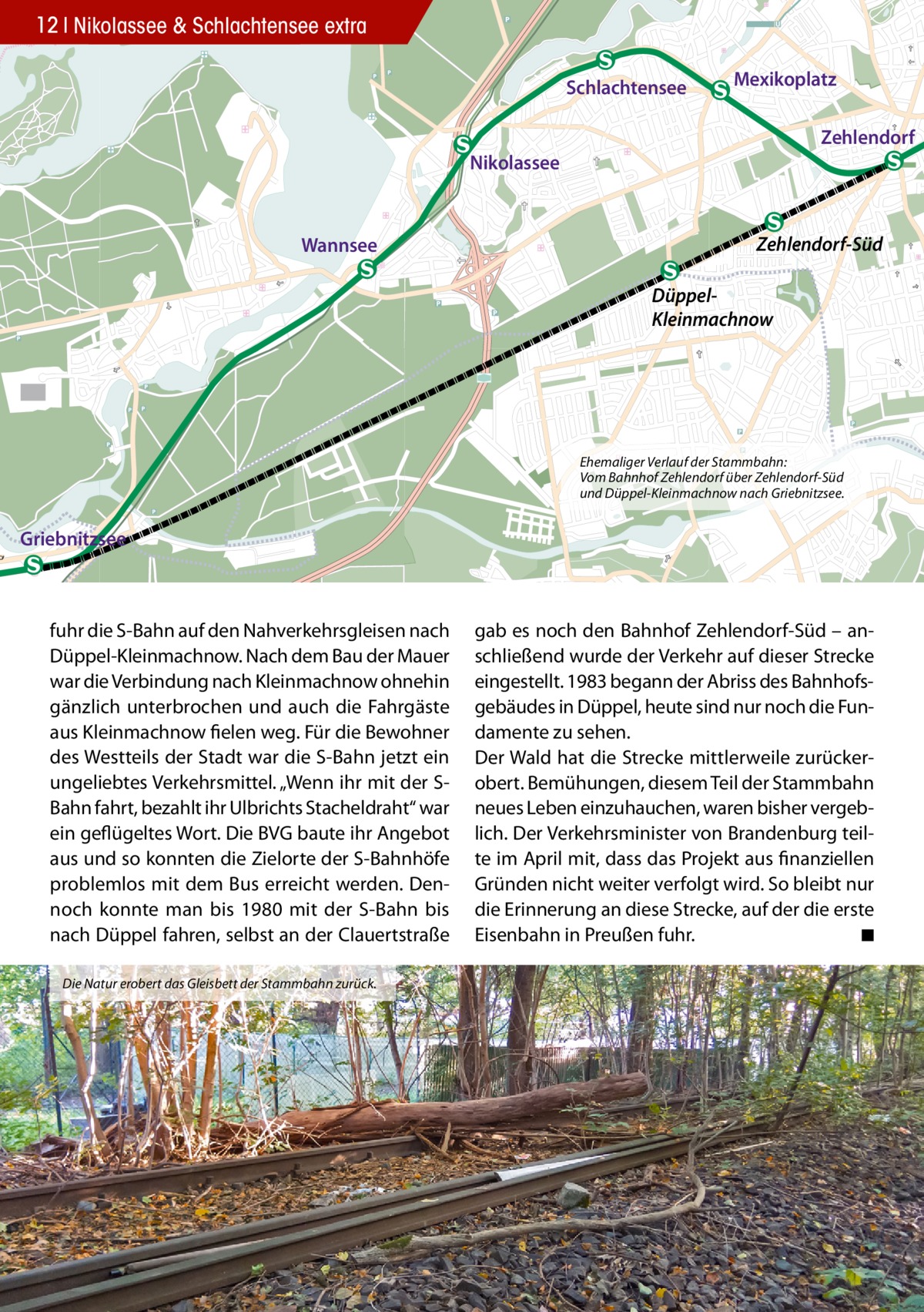12 Nikolassee & Schlachtensee extra Schlachtensee  Mexikoplatz Zehlendorf  Nikolassee  Wannsee  Zehlendorf-Süd DüppelKleinmachnow  Ehemaliger Verlauf der Stammbahn: Vom Bahnhof Zehlendorf über Zehlendorf-Süd und Düppel-Kleinmachnow nach Griebnitzsee.  Griebnitzsee  fuhr die S-Bahn auf den Nahverkehrsgleisen nach Düppel-Kleinmachnow. Nach dem Bau der Mauer war die Verbindung nach Kleinmachnow ohnehin gänzlich unterbrochen und auch die Fahrgäste aus Kleinmachnow fielen weg. Für die Bewohner des Westteils der Stadt war die S-Bahn jetzt ein ungeliebtes Verkehrsmittel. „Wenn ihr mit der SBahn fahrt, bezahlt ihr Ulbrichts Stacheldraht“ war ein geflügeltes Wort. Die BVG baute ihr Angebot aus und so konnten die Zielorte der S-Bahnhöfe problemlos mit dem Bus erreicht werden. Dennoch konnte man bis 1980 mit der S-Bahn bis nach Düppel fahren, selbst an der Clauertstraße Die Natur erobert das Gleisbett der Stammbahn zurück.  gab es noch den Bahnhof Zehlendorf-Süd – anschließend wurde der Verkehr auf dieser Strecke eingestellt. 1983 begann der Abriss des Bahnhofsgebäudes in Düppel, heute sind nur noch die Fundamente zu sehen. Der Wald hat die Strecke mittlerweile zurückerobert. Bemühungen, diesem Teil der Stammbahn neues Leben einzuhauchen, waren bisher vergeblich. Der Verkehrsminister von Brandenburg teilte im April mit, dass das Projekt aus finanziellen Gründen nicht weiter verfolgt wird. So bleibt nur die Erinnerung an diese Strecke, auf der die erste Eisenbahn in Preußen fuhr. ◾