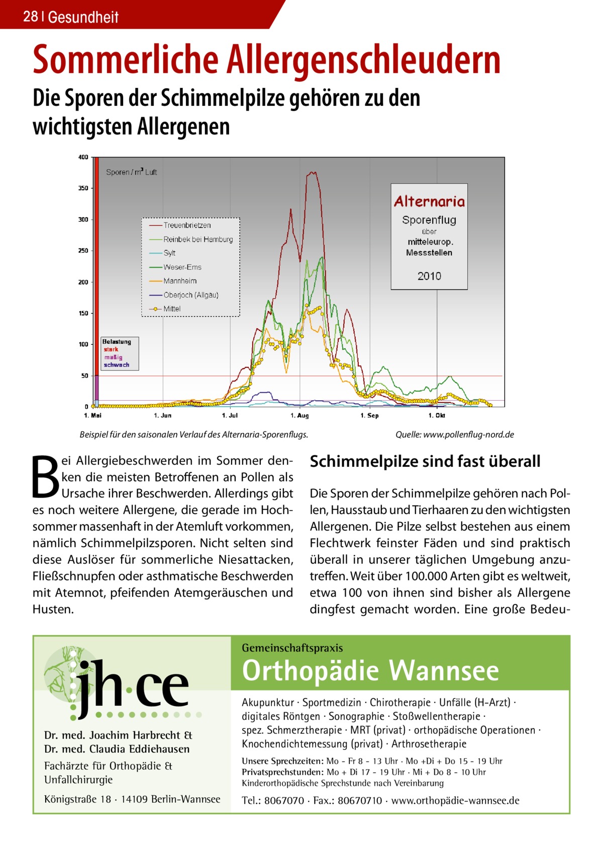 28 Gesundheit  Sommerliche Allergenschleudern Die Sporen der Schimmelpilze gehören zu den wichtigsten Allergenen  B  Beispiel für den saisonalen Verlauf des Alternaria-Sporenflugs.  ei Allergiebeschwerden im Sommer denken die meisten Betroffenen an Pollen als Ursache ihrer Beschwerden. Allerdings gibt es noch weitere Allergene, die gerade im Hochsommer massenhaft in der Atemluft vorkommen, nämlich Schimmelpilzsporen. Nicht selten sind diese Auslöser für sommerliche Niesattacken, Fließschnupfen oder asthmatische Beschwerden mit Atemnot, pfeifenden Atemgeräuschen und Husten.  Quelle: www.pollenflug-nord.de  Schimmelpilze sind fast überall Die Sporen der Schimmelpilze gehören nach Pollen, Hausstaub und Tierhaaren zu den wichtigsten Allergenen. Die Pilze selbst bestehen aus einem Flechtwerk feinster Fäden und sind praktisch überall in unserer täglichen Umgebung anzutreffen. Weit über 100.000 Arten gibt es weltweit, etwa 100 von ihnen sind bisher als Allergene dingfest gemacht worden. Eine große Bedeu Gemeinschaftspraxis  Orthopädie Wannsee Dr. med. Joachim Harbrecht & Dr. med. Claudia Eddiehausen Fachärzte für Orthopädie & Unfallchirurgie Königstraße 18 · 14109 Berlin-Wannsee  Akupunktur · Sportmedizin · Chirotherapie · Unfälle (H-Arzt) · digitales Röntgen · Sonographie · Stoßwellentherapie · spez. Schmerztherapie · MRT (privat) · orthopädische Operationen · Knochendichtemessung (privat) · Arthrosetherapie Unsere Sprechzeiten: Mo - Fr 8 - 13 Uhr · Mo +Di + Do 15 - 19 Uhr Privatsprechstunden: Mo + Di 17 - 19 Uhr · Mi + Do 8 - 10 Uhr Kinderorthopädische Sprechstunde nach Vereinbarung  Tel.: 8067070 · Fax.: 80670710 · www.orthopädie-wannsee.de