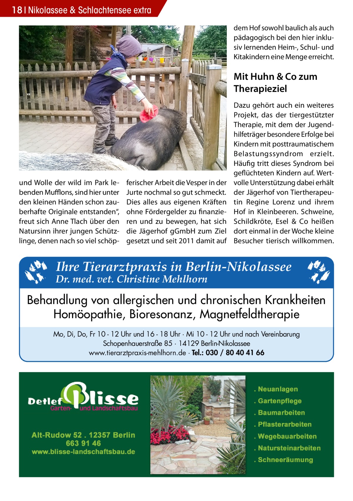 18 Nikolassee & Schlachtensee extra dem Hof sowohl baulich als auch pädagogisch bei den hier inklusiv lernenden Heim-, Schul- und Kitakindern eine Menge erreicht.  Mit Huhn & Co zum Therapieziel  und Wolle der wild im Park lebenden Mufflons, sind hier unter den kleinen Händen schon zauberhafte Originale entstanden“, freut sich Anne Tlach über den Natursinn ihrer jungen Schützlinge, denen nach so viel schöp ferischer Arbeit die Vesper in der Jurte nochmal so gut schmeckt. Dies alles aus eigenen Kräften ohne Fördergelder zu finanzieren und zu bewegen, hat sich die Jägerhof gGmbH zum Ziel gesetzt und seit 2011 damit auf  Dazu gehört auch ein weiteres Projekt, das der tiergestützter Therapie, mit dem der Jugendhilfeträger besondere Erfolge bei Kindern mit posttraumatischem Belastungssyndrom erzielt. Häufig tritt dieses Syndrom bei geflüchteten Kindern auf. Wertvolle Unterstützung dabei erhält der Jägerhof von Tiertherapeutin Regine Lorenz und ihrem Hof in Kleinbeeren. Schweine, Schildkröte, Esel & Co heißen dort einmal in der Woche kleine Besucher tierisch willkommen.  Ihre Tierarztpraxis in Berlin-Nikolassee  Dr. med. vet. Christine Mehlhorn  Behandlung von allergischen und chronischen Krankheiten Homöopathie, Bioresonanz, Magnetfeldtherapie Mo, Di, Do, Fr 10 - 12 Uhr und 16 - 18 Uhr · Mi 10 - 12 Uhr und nach Vereinbarung Schopenhauerstraße 85 · 14129 Berlin-Nikolassee www.tierarztpraxis-mehlhorn.de · Tel.: 030 / 80 40 41 66