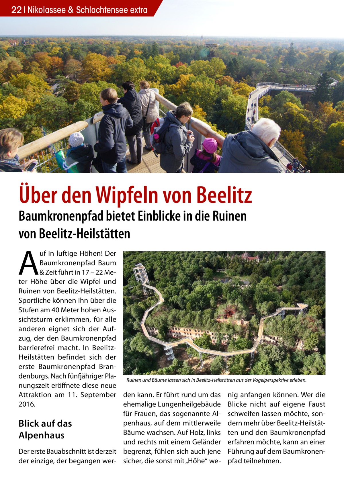 22 Nikolassee & Schlachtensee extra  Über den Wipfeln von Beelitz Baumkronenpfad bietet Einblicke in die Ruinen von Beelitz-Heilstätten  A  uf in luftige Höhen! Der Baumkronenpfad Baum & Zeit führt in 17 – 22 Meter Höhe über die Wipfel und Ruinen von Beelitz-Heilstätten. Sportliche können ihn über die Stufen am 40 Meter hohen Aussichtsturm erklimmen, für alle anderen eignet sich der Aufzug, der den Baumkronenpfad barrierefrei macht. In BeelitzHeilstätten befindet sich der erste Baumkronenpfad Brandenburgs. Nach fünfjähriger Pla- Ruinen und Bäume lassen sich in Beelitz-Heilstätten aus der Vogelperspektive erleben. nungszeit eröffnete diese neue Attraktion am 11.  September den kann. Er führt rund um das nig anfangen können. Wer die 2016. ehemalige Lungenheilgebäude Blicke nicht auf eigene Faust für Frauen, das sogenannte Al- schweifen lassen möchte, sonpenhaus, auf dem mittlerweile dern mehr über Beelitz-HeilstätBlick auf das Bäume wachsen. Auf Holz, links ten und den Baumkronenpfad Alpenhaus und rechts mit einem Geländer erfahren möchte, kann an einer Der erste Bauabschnitt ist derzeit begrenzt, fühlen sich auch jene Führung auf dem Baumkronender einzige, der begangen wer- sicher, die sonst mit „Höhe“ we- pfad teilnehmen.