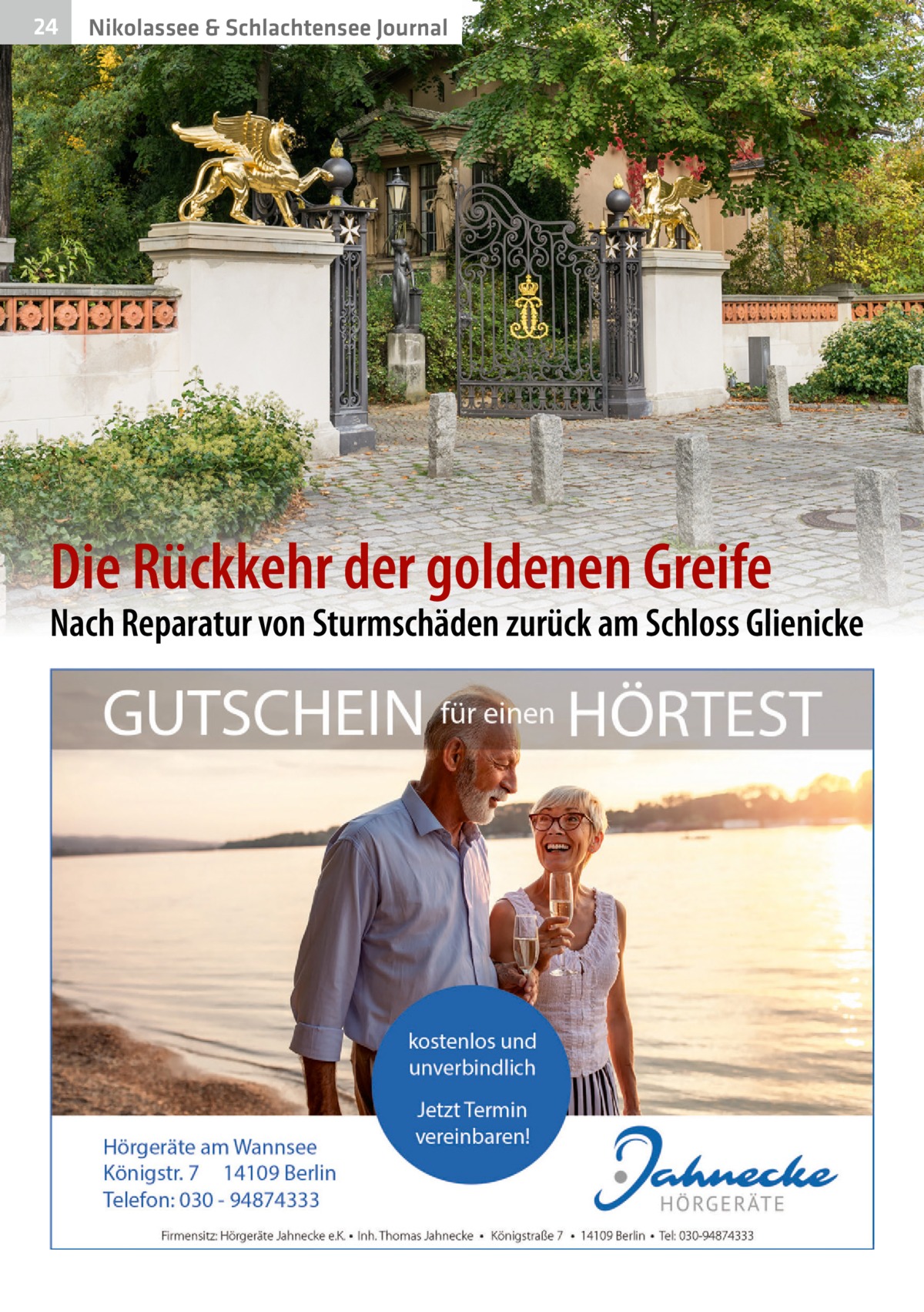 24  Nikolassee & Schlachtensee Journal  Die Rückkehr der goldenen Greife  Nach Reparatur von Sturmschäden zurück am Schloss Glienicke