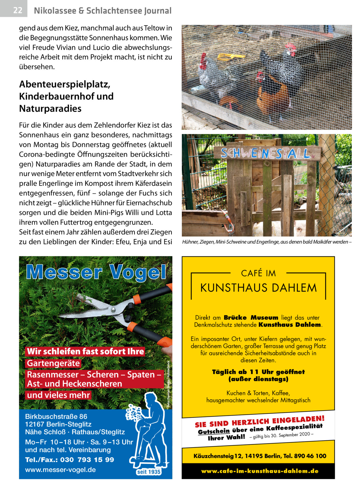 22  Nikolassee & Schlachtensee Journal  gend aus dem Kiez, manchmal auch aus Teltow in die Begegnungsstätte Sonnenhaus kommen. Wie viel Freude Vivian und Lucio die abwechslungsreiche Arbeit mit dem Projekt macht, ist nicht zu übersehen.  Abenteuerspielplatz, Kinderbauernhof und Naturparadies Für die Kinder aus dem Zehlendorfer Kiez ist das Sonnenhaus ein ganz besonderes, nachmittags von Montag bis Donnerstag geöffnetes (aktuell Corona-bedingte Öffnungszeiten berücksichtigen) Naturparadies am Rande der Stadt, in dem nur wenige Meter entfernt vom Stadtverkehr sich pralle Engerlinge im Kompost ihrem Käferdasein entgegenfressen, fünf – solange der Fuchs sich nicht zeigt – glückliche Hühner für Eiernachschub sorgen und die beiden Mini-Pigs Willi und Lotta ihrem vollen Futtertrog entgegengrunzen. Seit fast einem Jahr zählen außerdem drei Ziegen zu den Lieblingen der Kinder: Efeu, Enja und Esi  Messer Vogel  Hühner, Ziegen, Mini-Schweine und Engerlinge, aus denen bald Maikäfer werden –     CAFÉ IM  KUNSTHAUS DAHLEM Direkt am Brücke Museum liegt das unter Denkmalschutz stehende Kunsthaus Dahlem.  Wir schleifen fast sofort Ihre Gartengeräte Rasenmesser – Scheren – Spaten – Ast- und Heckenscheren und vieles mehr Birkbuschstraße 86 12167 Berlin-Steglitz Nähe Schloß · Rathaus/Steglitz Mo – Fr 10 – 18 Uhr · Sa. 9 – 13 Uhr und nach tel. Vereinbarung Tel./Fax.: 030 793 15 99 www.messer-vogel.de seit 1935  Ein imposanter Ort, unter Kiefern gelegen, mit wunderschönem Garten, großer Terrasse und genug Platz für ausreichende Sicherheitsabstände auch in diesen Zeiten. Täglich ab 11 Uhr geöffnet (außer dienstags) Kuchen & Torten, Kaffee, hausgemachter wechselnder Mittagstisch  H EINGELADEN! SIE SIND HERZLIC Kaffeespezialität e Gutschein über ein – bis 30. September 2020 Ihrer Wahl! – gültig  Käuzchensteig 12, 14195 Berlin, Tel. 890 46 100 www.cafe-im-kunsthaus-dahlem.de