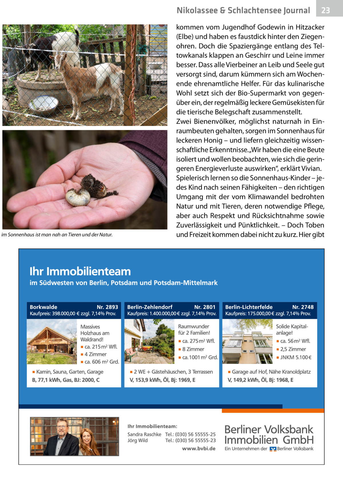   im Sonnenhaus ist man nah an Tieren und der Natur.  Nikolassee & Schlachtensee Journal  23  kommen vom Jugendhof Godewin in Hitzacker (Elbe) und haben es faustdick hinter den Ziegenohren. Doch die Spaziergänge entlang des Teltowkanals klappen an Geschirr und Leine immer besser. Dass alle Vierbeiner an Leib und Seele gut versorgt sind, darum kümmern sich am Wochenende ehrenamtliche Helfer. Für das kulinarische Wohl setzt sich der Bio-Supermarkt von gegenüber ein, der regelmäßig leckere Gemüsekisten für die tierische Belegschaft zusammenstellt. Zwei Bienenvölker, möglichst naturnah in Einraumbeuten gehalten, sorgen im Sonnenhaus für leckeren Honig – und liefern gleichzeitig wissenschaftliche Erkenntnisse. „Wir haben die eine Beute isoliert und wollen beobachten, wie sich die geringeren Energieverluste auswirken“, erklärt Vivian. Spielerisch lernen so die Sonnenhaus-Kinder – jedes Kind nach seinen Fähigkeiten – den richtigen Umgang mit der vom Klimawandel bedrohten Natur und mit Tieren, deren notwendige Pflege, aber auch Respekt und Rücksichtnahme sowie Zuverlässigkeit und Pünktlichkeit. – Doch Toben und Freizeit kommen dabei nicht zu kurz. Hier gibt