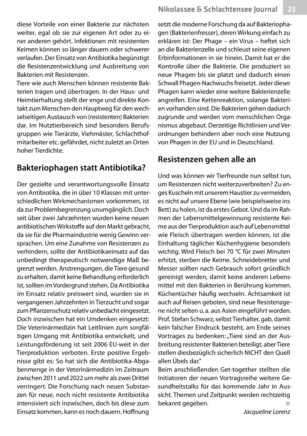 Nikolassee & Schlachtensee Gesundheit Journal diese Vorteile von einer Bakterie zur nächsten weiter, egal ob sie zur eigenen Art oder zu einer anderen gehört. Infektionen mit resistenten Keimen können so länger dauern oder schwerer verlaufen. Der Einsatz von Antibiotika begünstigt die Resistenzentwicklung und Ausbreitung von Bakterien mit Resistenzen. Tiere wie auch Menschen können resistente Bakterien tragen und übertragen. In der Haus- und Heimtierhaltung stellt der enge und direkte Kontakt zum Menschen den Hauptweg für den wechselseitigen Austausch von (resistenten) Bakterien dar. Im Nutztierbereich sind besonders Berufsgruppen wie Tierärzte, Viehmäster, Schlachthofmitarbeiter etc. gefährdet, nicht zuletzt an Orten hoher Tierdichte.  Bakteriophagen statt Antibiotika? Der gezielte und verantwortungsvolle Einsatz von Antibiotika, die in über 10 Klassen mit unterschiedlichen Wirkmechanismen vorkommen, ist da zur Problembegrenzung unumgänglich. Doch seit über zwei Jahrzehnten wurden keine neuen antibiotischen Wirkstoffe auf den Markt gebracht, da sie für die Pharmaindustrie wenig Gewinn versprachen. Um eine Zunahme von Resistenzen zu verhindern, sollte der Antibiotikaeinsatz auf das unbedingt therapeutisch notwendige Maß begrenzt werden. Anstrengungen, die Tiere gesund zu erhalten, damit keine Behandlung erforderlich ist, sollten im Vordergrund stehen. Da Antibiotika im Einsatz relativ preiswert sind, wurden sie in vergangenen Jahrzehnten in Tierzucht und sogar zum Pflanzenschutz relativ unbedacht eingesetzt. Doch inzwischen hat ein Umdenken eingesetzt: Die Veterinärmedizin hat Leitlinien zum sorgfältigen Umgang mit Antibiotika entwickelt, und Leistungsförderung ist seit 2006 EU-weit in der Tierproduktion verboten. Erste positive Ergebnisse gibt es: So hat sich die Antibiotika-Abgabenmenge in der Veterinärmedizin im Zeitraum zwischen 2011 und 2022 um mehr als zwei Drittel verringert. Die Forschung nach neuen Substanzen für neue, noch nicht resistente Antibiotika intensiviert sich inzwischen, doch bis diese zum Einsatz kommen, kann es noch dauern. Hoffnung  23  setzt die moderne Forschung da auf Bakteriophagen (Bakterienfresser), deren Wirkung einfach zu erklären ist: Der Phage – ein Virus – heftet sich an die Bakterienzelle und schleust seine eigenen Erbinformationen in sie hinein. Damit hat er die Kontrolle über die Bakterie. Die produziert so neue Phagen bis sie platzt und dadurch einen Schwall Phagen-Nachwuchs freisetzt. Jeder dieser Phagen kann wieder eine weitere Bakterienzelle angreifen. Eine Kettenreaktion, solange Bakterien vorhanden sind. Die Bakterien gehen dadurch zugrunde und werden vom menschlichen Organismus abgebaut. Derzeitige Richtlinien und Verordnungen behindern aber noch eine Nutzung von Phagen in der EU und in Deutschland.  Resistenzen gehen alle an Und was können wir Tierfreunde nun selbst tun, um Resistenzen nicht weiterzuverbreiten? Zu enges Kuscheln mit unserem Haustier zu vermeiden, es nicht auf unsere Ebene (wie beispielsweise ins Bett) zu holen, ist da erstes Gebot. Und da im Rahmen der Lebensmittelgewinnung resistente Keime aus der Tierproduktion auch auf Lebensmittel wie Fleisch übertragen werden können, ist die Einhaltung täglicher Küchenhygiene besonders wichtig. Wird Fleisch bei 70 °C für zwei Minuten erhitzt, sterben die Keime. Schneidebretter und Messer sollten nach Gebrauch sofort gründlich gereinigt werden, damit keine anderen Lebensmittel mit den Bakterien in Berührung kommen. Küchentücher häufig wechseln. Achtsamkeit ist auch auf Reisen geboten, sind neue Resistenzgene nicht selten u. a. aus Asien eingeführt worden. Prof. Stefan Schwarz, selbst Tierhalter, gab, damit kein falscher Eindruck besteht, am Ende seines Vortrages zu bedenken: „Tiere sind an der Ausbreitung resistenter Bakterien beteiligt, aber Tiere stellen diesbezüglich sicherlich NICHT den Quell allen Übels dar.“ Beim anschließenden Get-together stellten die Initiatoren der neuen Vortragsreihe weitere Gesundheitstalks für das kommende Jahr in Aussicht. Themen und Zeitpunkt werden rechtzeitig bekannt gegeben.� ◾ � Jacqueline Lorenz