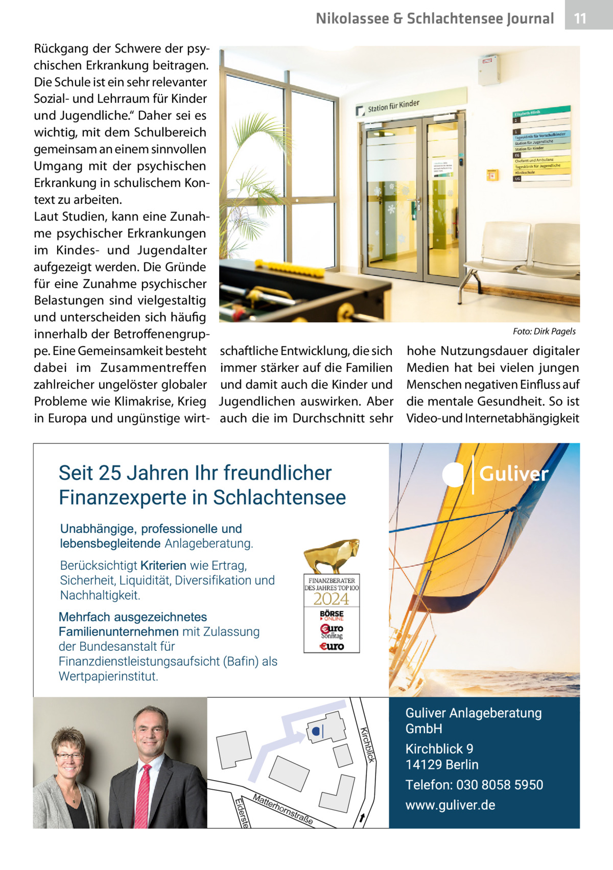 Nikolassee & Schlachtensee Gesundheit Journal Rückgang der Schwere der psychischen Erkrankung beitragen. Die Schule ist ein sehr relevanter Sozial- und Lehrraum für Kinder und Jugendliche.“ Daher sei es wichtig, mit dem Schulbereich gemeinsam an einem sinnvollen Umgang mit der psychischen Erkrankung in schulischem Kontext zu arbeiten. Laut Studien, kann eine Zunahme psychischer Erkrankungen im Kindes- und Jugendalter aufgezeigt werden. Die Gründe für eine Zunahme psychischer Belastungen sind vielgestaltig und unterscheiden sich häufig innerhalb der Betroffenengruppe. Eine Gemeinsamkeit besteht dabei im Zusammentreffen zahlreicher ungelöster globaler Probleme wie Klimakrise, Krieg in Europa und ungünstige wirt 11  Foto: Dirk Pagels  schaftliche Entwicklung, die sich immer stärker auf die Familien und damit auch die Kinder und Jugendlichen auswirken. Aber auch die im Durchschnitt sehr  hohe Nutzungsdauer digitaler Medien hat bei vielen jungen Menschen negativen Einfluss auf die mentale Gesundheit. So ist Video-und Internetabhängigkeit