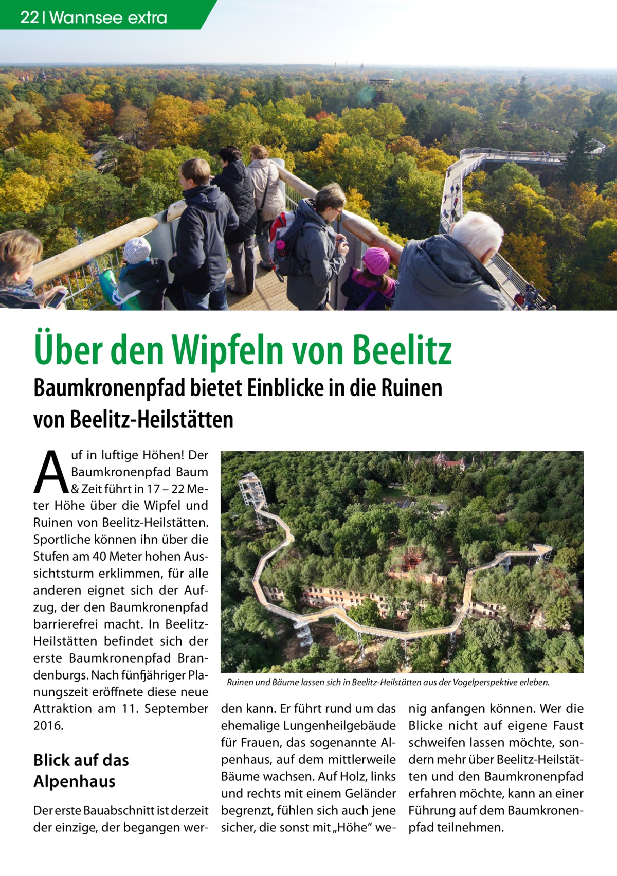 22 Wannsee extra  Über den Wipfeln von Beelitz Baumkronenpfad bietet Einblicke in die Ruinen von Beelitz-Heilstätten  A  uf in luftige Höhen! Der Baumkronenpfad Baum & Zeit führt in 17 – 22 Meter Höhe über die Wipfel und Ruinen von Beelitz-Heilstätten. Sportliche können ihn über die Stufen am 40 Meter hohen Aussichtsturm erklimmen, für alle anderen eignet sich der Aufzug, der den Baumkronenpfad barrierefrei macht. In BeelitzHeilstätten befindet sich der erste Baumkronenpfad Brandenburgs. Nach fünfjähriger Pla- Ruinen und Bäume lassen sich in Beelitz-Heilstätten aus der Vogelperspektive erleben. nungszeit eröffnete diese neue Attraktion am 11.  September den kann. Er führt rund um das nig anfangen können. Wer die 2016. ehemalige Lungenheilgebäude Blicke nicht auf eigene Faust für Frauen, das sogenannte Al- schweifen lassen möchte, sonpenhaus, auf dem mittlerweile dern mehr über Beelitz-HeilstätBlick auf das Bäume wachsen. Auf Holz, links ten und den Baumkronenpfad Alpenhaus und rechts mit einem Geländer erfahren möchte, kann an einer Der erste Bauabschnitt ist derzeit begrenzt, fühlen sich auch jene Führung auf dem Baumkronender einzige, der begangen wer- sicher, die sonst mit „Höhe“ we- pfad teilnehmen.