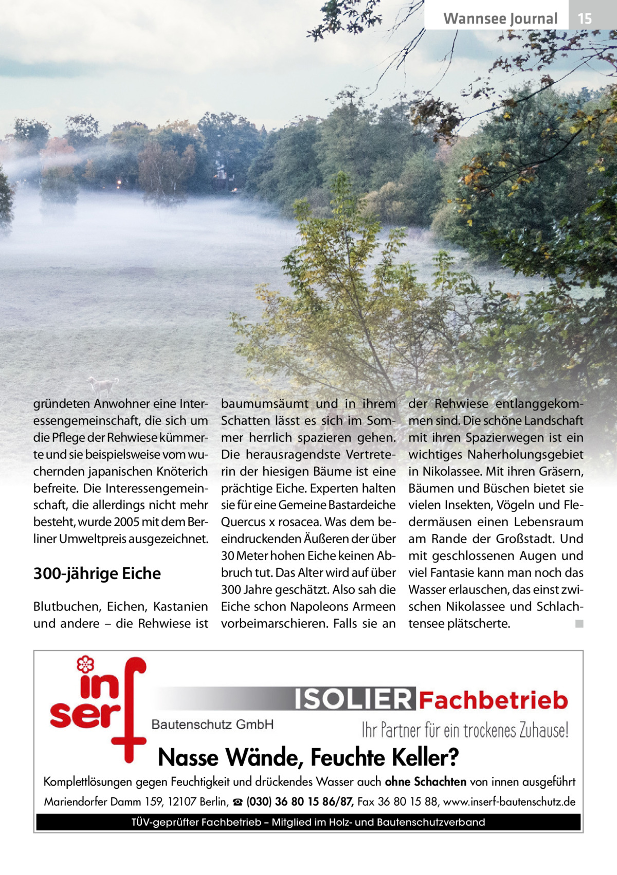 Wannsee Journal  gründeten Anwohner eine Interessengemeinschaft, die sich um die Pflege der Rehwiese kümmerte und sie beispielsweise vom wuchernden japanischen Knöterich befreite. Die Interessengemeinschaft, die allerdings nicht mehr besteht, wurde 2005 mit dem Berliner Umweltpreis ausgezeichnet.  baumumsäumt und in ihrem Schatten lässt es sich im Sommer herrlich spazieren gehen. Die herausragendste Vertreterin der hiesigen Bäume ist eine prächtige Eiche. Experten halten sie für eine Gemeine Bastardeiche Quercus x rosacea. Was dem beeindruckenden Äußeren der über 30 Meter hohen Eiche keinen Abbruch tut. Das Alter wird auf über 300-jährige Eiche 300 Jahre geschätzt. Also sah die Blutbuchen, Eichen, Kastanien Eiche schon Napoleons Armeen und andere – die Rehwiese ist vorbeimarschieren. Falls sie an  15  der Rehwiese entlanggekommen sind. Die schöne Landschaft mit ihren Spazierwegen ist ein wichtiges Naherholungsgebiet in Nikolassee. Mit ihren Gräsern, Bäumen und Büschen bietet sie vielen Insekten, Vögeln und Fledermäusen einen Lebensraum am Rande der Großstadt. Und mit geschlossenen Augen und viel Fantasie kann man noch das Wasser erlauschen, das einst zwischen Nikolassee und Schlachtensee plätscherte. ◾  Nasse Wände, Feuchte Keller? Komplettlösungen gegen Feuchtigkeit und drückendes Wasser auch ohne Schachten von innen ausgeführt Mariendorfer Damm 159, 12107 Berlin, ☎ (030) 36 80 15 86/87, Fax 36 80 15 88, www.inserf-bautenschutz.de TÜV-geprüfter Fachbetrieb – Mitglied im Holz- und Bautenschutzverband