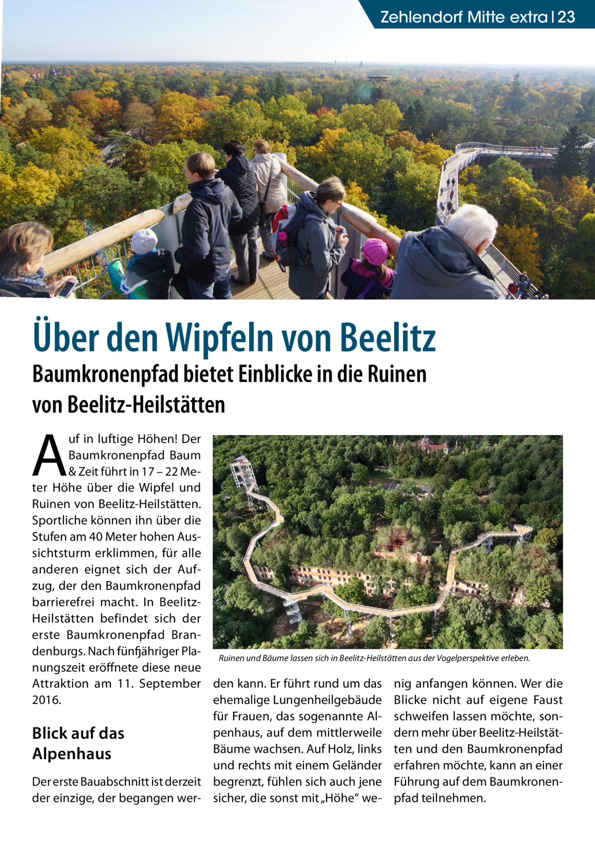 Zehlendorf Mitte extra 23  Über den Wipfeln von Beelitz Baumkronenpfad bietet Einblicke in die Ruinen von Beelitz-Heilstätten  A  uf in luftige Höhen! Der Baumkronenpfad Baum & Zeit führt in 17 – 22 Meter Höhe über die Wipfel und Ruinen von Beelitz-Heilstätten. Sportliche können ihn über die Stufen am 40 Meter hohen Aussichtsturm erklimmen, für alle anderen eignet sich der Aufzug, der den Baumkronenpfad barrierefrei macht. In BeelitzHeilstätten befindet sich der erste Baumkronenpfad Brandenburgs. Nach fünfjähriger Pla- Ruinen und Bäume lassen sich in Beelitz-Heilstätten aus der Vogelperspektive erleben. nungszeit eröffnete diese neue Attraktion am 11.  September den kann. Er führt rund um das nig anfangen können. Wer die 2016. ehemalige Lungenheilgebäude Blicke nicht auf eigene Faust für Frauen, das sogenannte Al- schweifen lassen möchte, sonpenhaus, auf dem mittlerweile dern mehr über Beelitz-HeilstätBlick auf das Bäume wachsen. Auf Holz, links ten und den Baumkronenpfad Alpenhaus und rechts mit einem Geländer erfahren möchte, kann an einer Der erste Bauabschnitt ist derzeit begrenzt, fühlen sich auch jene Führung auf dem Baumkronender einzige, der begangen wer- sicher, die sonst mit „Höhe“ we- pfad teilnehmen.