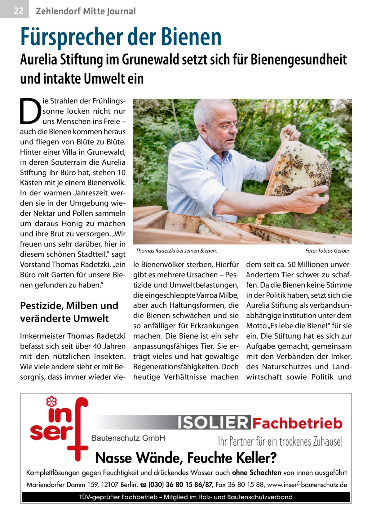 22  Zehlendorf Mitte Journal  Fürsprecher der Bienen  Aurelia Stiftung im Grunewald setzt sich für Bienengesundheit und intakte Umwelt ein  D  ie Strahlen der Frühlingssonne locken nicht nur uns Menschen ins Freie – auch die Bienen kommen heraus und fliegen von Blüte zu Blüte. Hinter einer Villa in Grunewald, in deren Souterrain die Aurelia Stiftung ihr Büro hat, stehen 10 Kästen mit je einem Bienenvolk. In der warmen Jahreszeit werden sie in der Umgebung wieder Nektar und Pollen sammeln um daraus Honig zu machen und ihre Brut zu versorgen. „Wir freuen uns sehr darüber, hier in Thomas Radetzki bei seinen Bienen. � diesem schönen Stadtteil,“ sagt Vorstand Thomas Radetzki. „ein le Bienenvölker sterben. Hierfür Büro mit Garten für unsere Bie- gibt es mehrere Ursachen – Pesnen gefunden zu haben.“ tizide und Umweltbelastungen, die eingeschleppte Varroa Milbe, Pestizide, Milben und aber auch Haltungsformen, die die Bienen schwächen und sie veränderte Umwelt so anfälliger für Erkrankungen Imkermeister Thomas Radetzki machen. Die Biene ist ein sehr befasst sich seit über 40 Jahren anpassungsfähiges Tier. Sie ermit den nützlichen Insekten. trägt vieles und hat gewaltige Wie viele andere sieht er mit Be- Regenerationsfähigkeiten. Doch sorgnis, dass immer wieder vie- heutige Verhältnisse machen  Foto: Tobias Gerber  dem seit ca. 50 Millionen unverändertem Tier schwer zu schaffen. Da die Bienen keine Stimme in der Politik haben, setzt sich die Aurelia Stiftung als verbandsunabhängige Institution unter dem Motto „Es lebe die Biene!“ für sie ein. Die Stiftung hat es sich zur Aufgabe gemacht, gemeinsam mit den Verbänden der Imker, des Naturschutzes und Landwirtschaft sowie Politik und  Nasse Wände, Feuchte Keller? Komplettlösungen gegen Feuchtigkeit und drückendes Wasser auch ohne Schachten von innen ausgeführt Mariendorfer Damm 159, 12107 Berlin, ☎ (030) 36 80 15 86/87, Fax 36 80 15 88, www.inserf-bautenschutz.de TÜV-geprüfter Fachbetrieb – Mitglied im Holz- und Bautenschutzverband