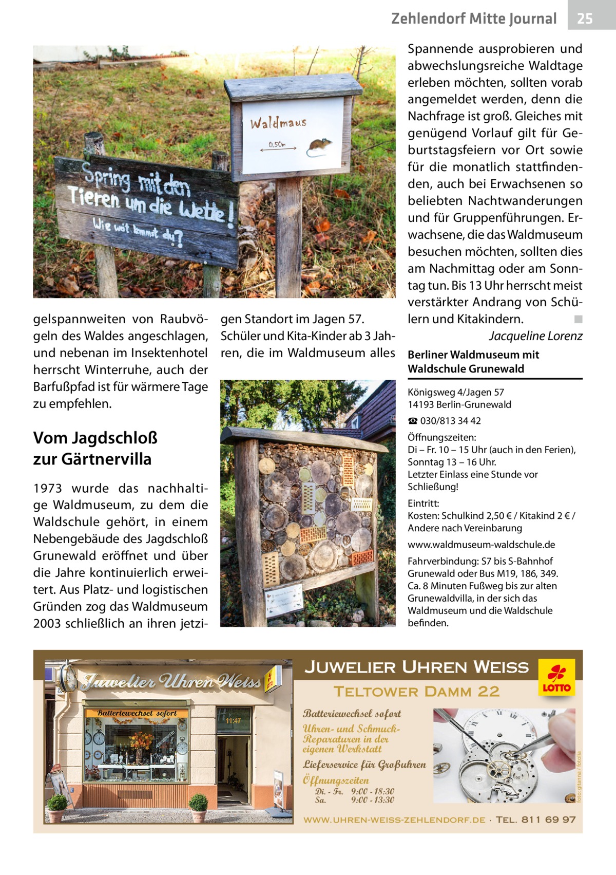 Zehlendorf Mitte Journal  25  Spannende ausprobieren und abwechslungsreiche Waldtage erleben möchten, sollten vorab angemeldet werden, denn die Nachfrage ist groß. Gleiches mit genügend Vorlauf gilt für Geburtstagsfeiern vor Ort sowie für die monatlich stattfindenden, auch bei Erwachsenen so beliebten Nachtwanderungen und für Gruppenführungen. Erwachsene, die das Waldmuseum besuchen möchten, sollten dies am Nachmittag oder am Sonntag tun. Bis 13 Uhr herrscht meist verstärkter Andrang von Schügelspannweiten von Raubvö- gen Standort im Jagen 57. lern und Kitakindern.� ◾ geln des Waldes angeschlagen, Schüler und Kita-Kinder ab 3 Jah- � Jacqueline Lorenz und nebenan im Insektenhotel ren, die im Waldmuseum alles Berliner Waldmuseum mit Waldschule Grunewald herrscht Winterruhe, auch der Barfußpfad ist für wärmere Tage Königsweg 4/Jagen 57 14193 Berlin-Grunewald zu empfehlen. ☎ 030/813 34 42  Vom Jagdschloß zur Gärtnervilla  Öffnungszeiten: Di – Fr. 10 – 15 Uhr (auch in den Ferien), Sonntag 13 – 16 Uhr. Letzter Einlass eine Stunde vor Schließung!  1973 wurde das nachhaltige Waldmuseum, zu dem die Waldschule gehört, in einem Nebengebäude des Jagdschloß Grunewald eröffnet und über die Jahre kontinuierlich erweitert. Aus Platz- und logistischen Gründen zog das Waldmuseum 2003 schließlich an ihren jetzi Eintritt: Kosten: Schulkind 2,50 € / Kitakind 2 € / Andere nach Vereinbarung www.waldmuseum-waldschule.de Fahrverbindung: S7 bis S-Bahnhof Grunewald oder Bus M19, 186, 349. Ca. 8 Minuten Fußweg bis zur alten Grunewaldvilla, in der sich das Waldmuseum und die Waldschule befinden.  Juwelier Uhren Weiss  Di. - Fr. 9:00 - 18:30 Sa. 9:00 - 13:30  foto: gitanna / fotolia  Teltower Damm 22 Batteriewechsel sofort Uhren- und SchmuckReparaturen in der eigenen Werkstatt Lieferservice für Großuhren Öffnungszeiten  www.uhren-weiss-zehlendorf.de · Tel. 811 69 97