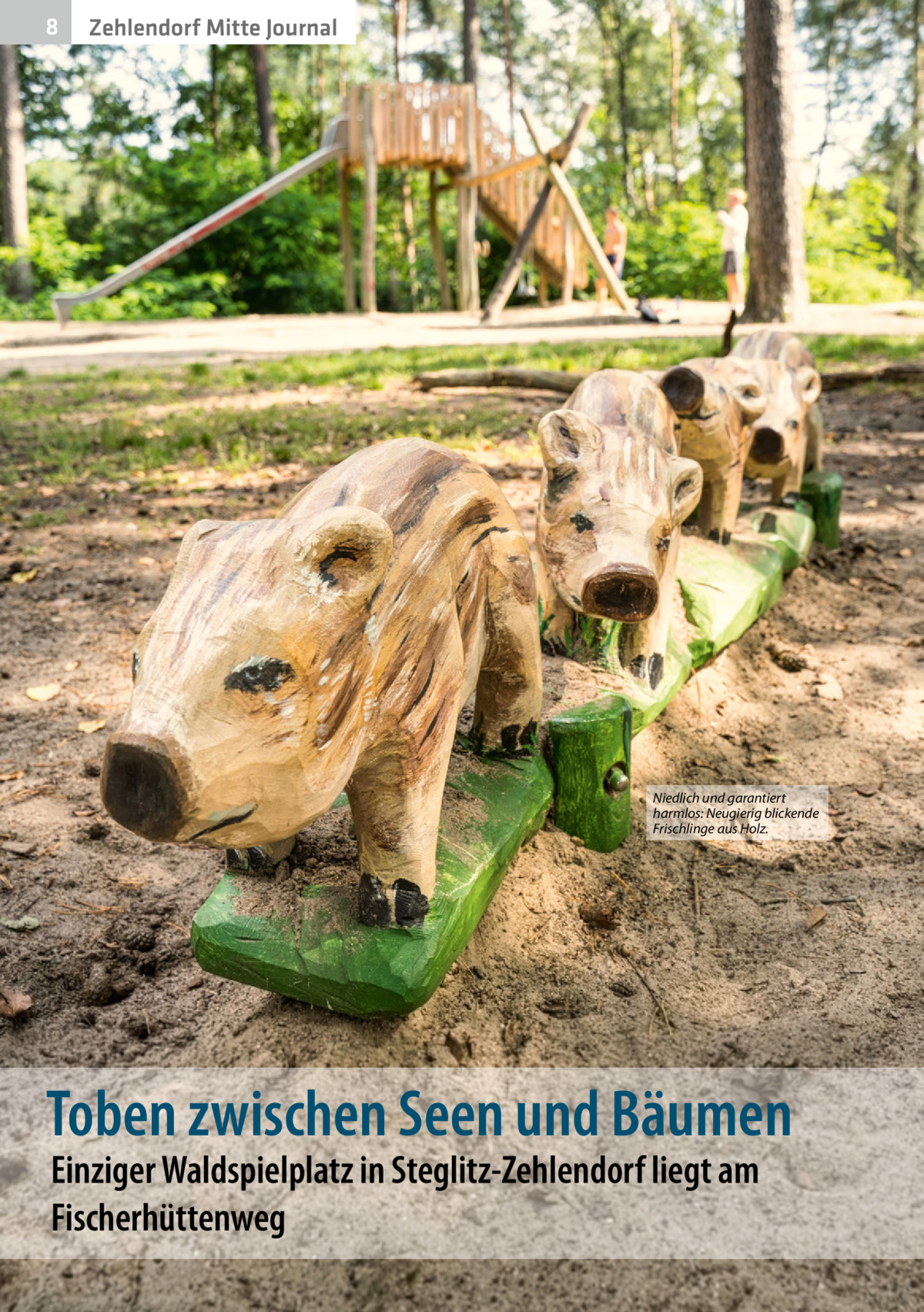 8  Zehlendorf Mitte Journal  Niedlich und garantiert harmlos: Neugierig blickende Frischlinge aus Holz.  Toben zwischen Seen und Bäumen Einziger Waldspielplatz in Steglitz-Zehlendorf liegt am Fischerhüttenweg