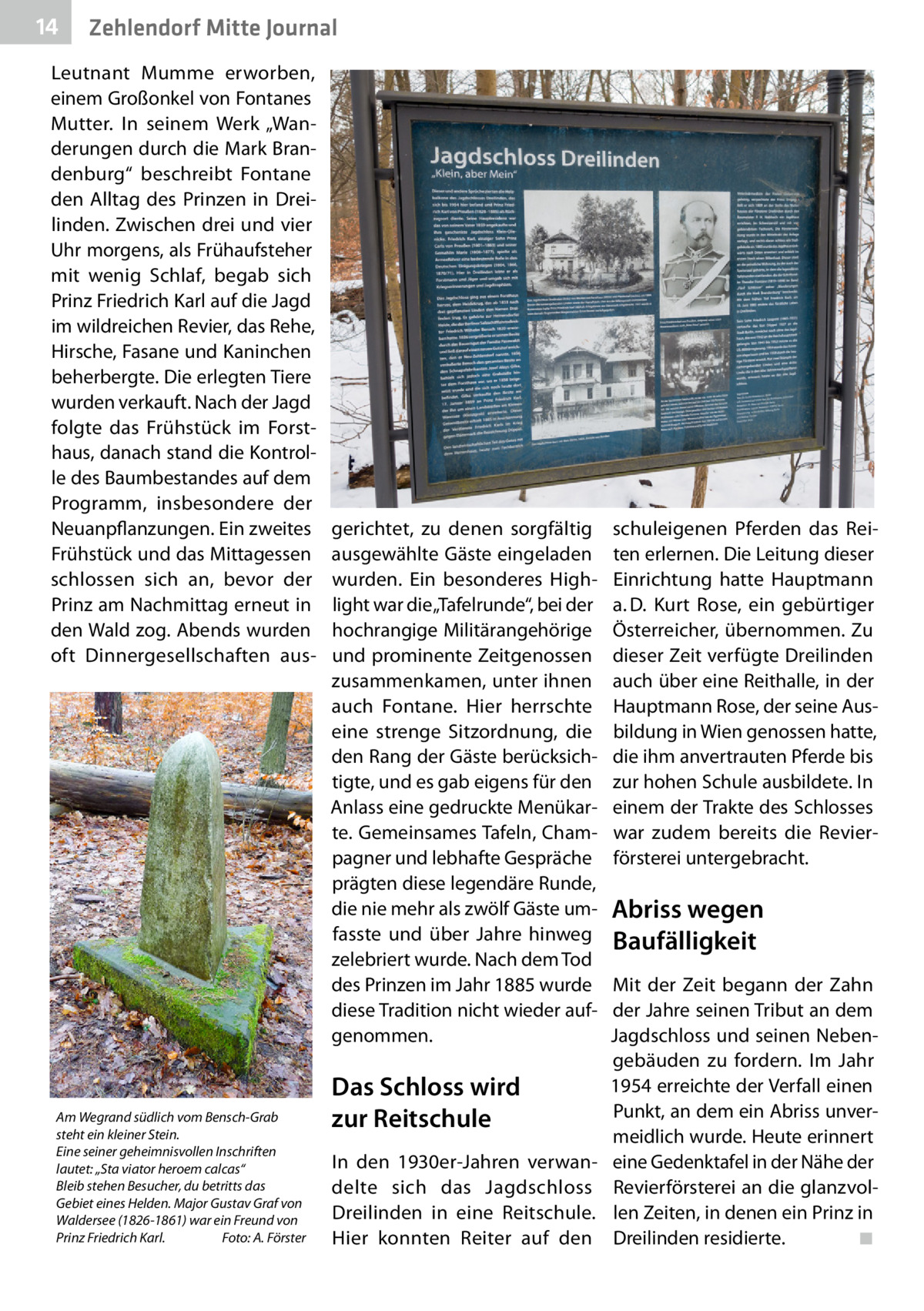 14  Zehlendorf Mitte Journal  Leutnant Mumme erworben, einem Großonkel von Fontanes Mutter. In seinem Werk „Wanderungen durch die Mark Brandenburg“ beschreibt Fontane den Alltag des Prinzen in Dreilinden. Zwischen drei und vier Uhr morgens, als Frühaufsteher mit wenig Schlaf, begab sich Prinz Friedrich Karl auf die Jagd im wildreichen Revier, das Rehe, Hirsche, Fasane und Kaninchen beherbergte. Die erlegten Tiere wurden verkauft. Nach der Jagd folgte das Frühstück im Forsthaus, danach stand die Kontrolle des Baumbestandes auf dem Programm, insbesondere der Neuanpflanzungen. Ein zweites Frühstück und das Mittagessen schlossen sich an, bevor der Prinz am Nachmittag erneut in den Wald zog. Abends wurden oft Dinnergesellschaften aus Am Wegrand südlich vom Bensch-Grab steht ein kleiner Stein. Eine seiner geheimnisvollen Inschriften lautet: „Sta viator heroem calcas“ Bleib stehen Besucher, du betritts das Gebiet eines Helden. Major Gustav Graf von Waldersee (1826-1861) war ein Freund von Prinz Friedrich Karl.� Foto: A. Förster  gerichtet, zu denen sorgfältig ausgewählte Gäste eingeladen wurden. Ein besonderes Highlight war die „Tafelrunde“, bei der hochrangige Militärangehörige und prominente Zeitgenossen zusammenkamen, unter ihnen auch Fontane. Hier herrschte eine strenge Sitzordnung, die den Rang der Gäste berücksichtigte, und es gab eigens für den Anlass eine gedruckte Menükarte. Gemeinsames Tafeln, Champagner und lebhafte Gespräche prägten diese legendäre Runde, die nie mehr als zwölf Gäste umfasste und über Jahre hinweg zelebriert wurde. Nach dem Tod des Prinzen im Jahr 1885 wurde diese Tradition nicht wieder aufgenommen.  Das Schloss wird zur Reitschule In den 1930er-Jahren verwandelte sich das Jagdschloss Dreilinden in eine Reitschule. Hier konnten Reiter auf den  schuleigenen Pferden das Reiten erlernen. Die Leitung dieser Einrichtung hatte Hauptmann a. D. Kurt Rose, ein gebürtiger Österreicher, übernommen. Zu dieser Zeit verfügte Dreilinden auch über eine Reithalle, in der Hauptmann Rose, der seine Ausbildung in Wien genossen hatte, die ihm anvertrauten Pferde bis zur hohen Schule ausbildete. In einem der Trakte des Schlosses war zudem bereits die Revierförsterei untergebracht.  Abriss wegen Baufälligkeit Mit der Zeit begann der Zahn der Jahre seinen Tribut an dem Jagdschloss und seinen Nebengebäuden zu fordern. Im Jahr 1954 erreichte der Verfall einen Punkt, an dem ein Abriss unvermeidlich wurde. Heute erinnert eine Gedenktafel in der Nähe der Revierförsterei an die glanzvollen Zeiten, in denen ein Prinz in Dreilinden residierte.� ◾